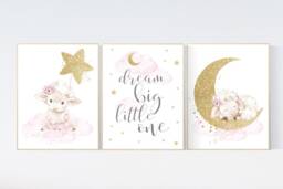 Sheep Nursery Decor Pink & Gold Moon, Cloud, Star Art Print - thumbnail 1