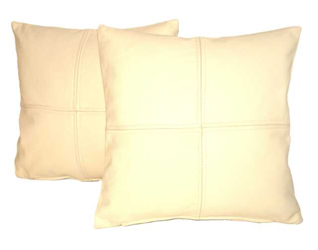 2 Cream Check Design Real Leather Cushions 16Inch 40cm With Inner Filler Pads - image 1