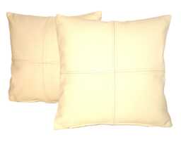2 Cream Check Design Real Leather Cushions 16Inch 40cm With Inner Filler Pads - thumbnail 1