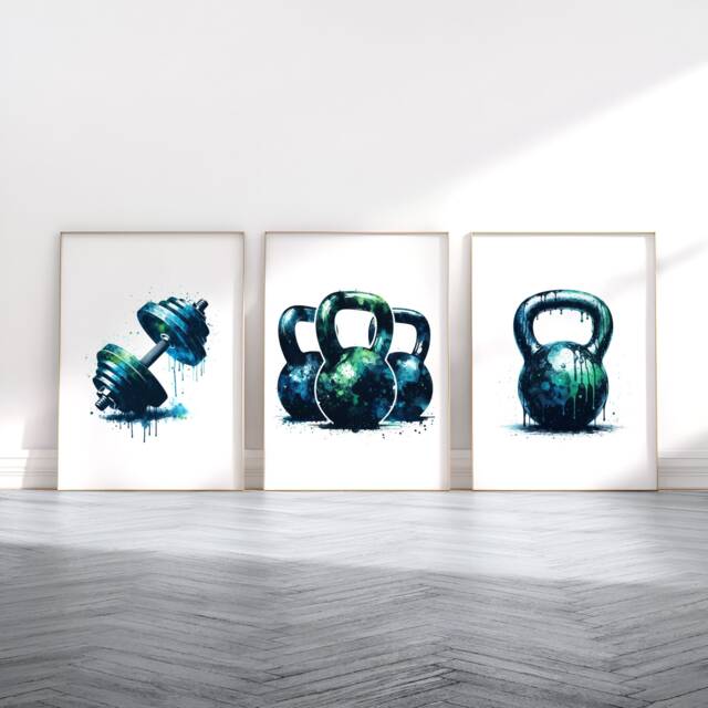 Gymnasium Print Set - 3 Gym Prints - Watercolour Design Dumbbell Poster Fitness Pictures Kettlebell Home Artwork Weights - image 1
