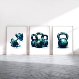 Gymnasium Print Set - 3 Gym Prints - Watercolour Design Dumbbell Poster Fitness Pictures Kettlebell Home Artwork Weights - thumbnail 1