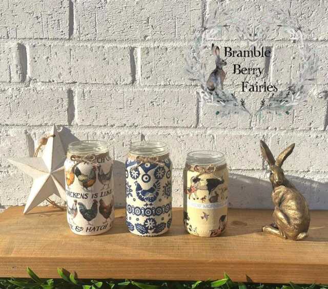 Emma Bridgewater Recycled Jam Jars Make Great Vases Lots Of Designs To Choose From Blue Hen Chickens Bright New Morning Farm Animals Cows - image 1
