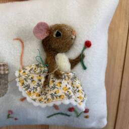 Personalized Tooth Fairy Pillow Felted Mouse, Hand Embroidered Cushion - thumbnail 2