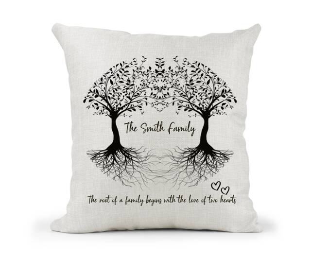 Personalised Family Tree Cushion, Home Decor, Root Of The Family Begins With 2 Hearts Quote.. Nan Grandad Mum Dad Gift - image 1