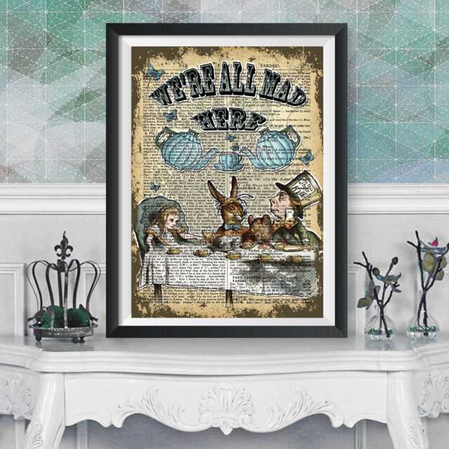 Alice in Wonderland Wall Art, Mad Tea Time Party, Dictionary Book Artwork Poster, Lewis Carroll Quote, Original Illustration