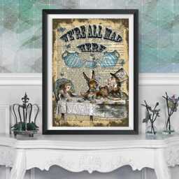 Alice in Wonderland Wall Art, Mad Tea Time Party, Dictionary Book Artwork Poster, Lewis Carroll Quote, Original Illustration