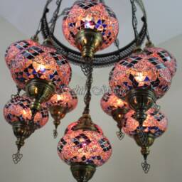 Turkish Mosaic Sultan Chandelier - 11 Large Globe Ottoman Ceiling Lamp - S11L - thumbnail 2