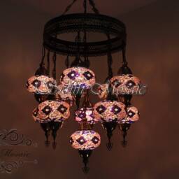 Turkish Mosaic Sultan Chandelier - 11 Large Globe Ottoman Ceiling Lamp - S11L - thumbnail 3