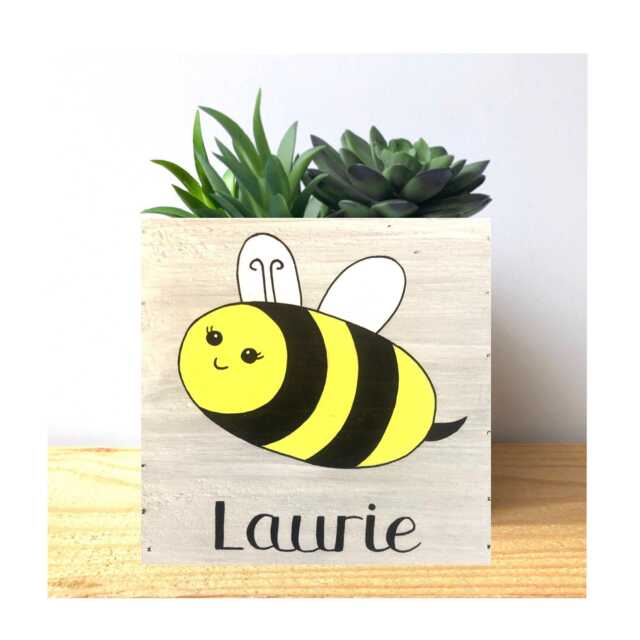Hand Painted Bumble Bee Planter Whitewashed Wood Decorative Bin - image 1