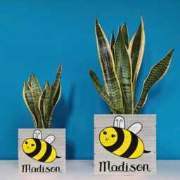Hand Painted Bumble Bee Planter Whitewashed Wood Decorative Bin - thumbnail 2