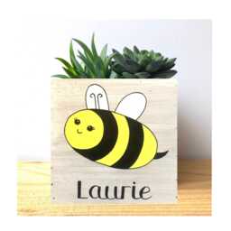 Hand Painted Bumble Bee Planter Whitewashed Wood Decorative Bin - thumbnail 1
