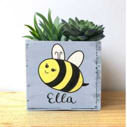 Hand Painted Bumble Bee Planter Whitewashed Wood Decorative Bin - thumbnail 3