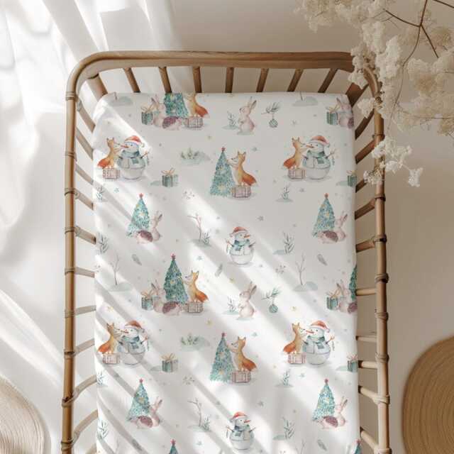 Cool Woodland Christmas Bedding, Festive Fitted Sheets, Kids Christmas, 1st Bedding - image 1