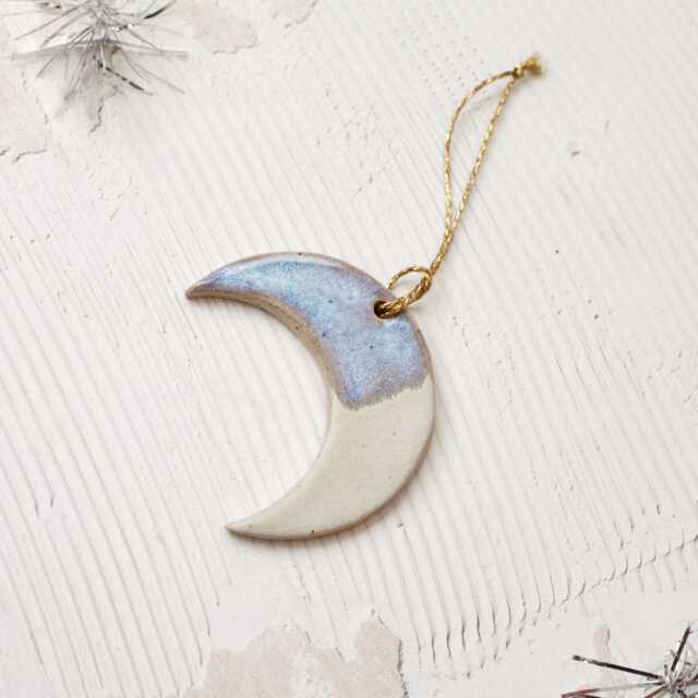 Handmade Ceramic Moon Ornament Blue & White Glaze, Festive Pottery Decor - image 1