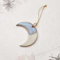 Handmade Ceramic Moon Ornament Blue & White Glaze, Festive Pottery Decor - thumbnail 1