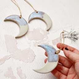 Handmade Ceramic Moon Ornament Blue & White Glaze, Festive Pottery Decor - thumbnail 2