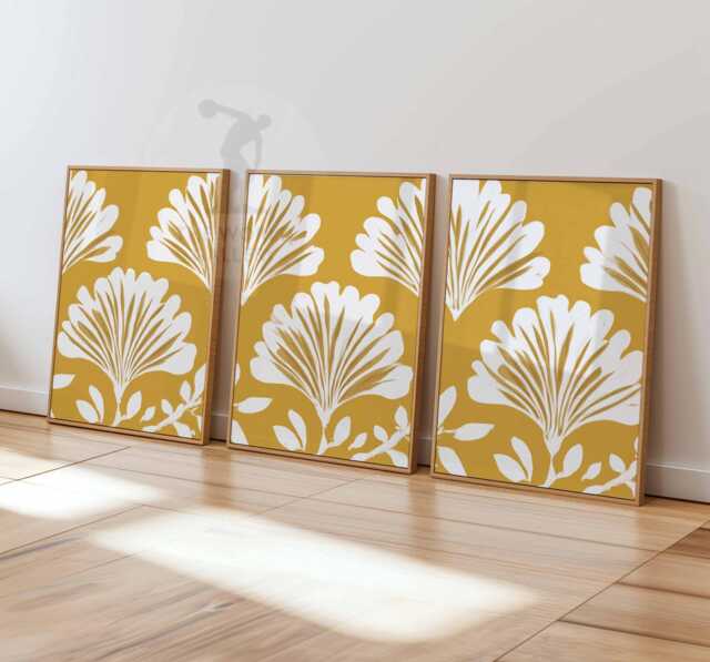 Mustard Yellow Wall Art Set Of 3, Minimalist White Floral Poster Trio, Modern Bold Botanical Prints For Living Room Or Bedroom Decor - image 1