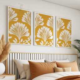 Mustard Yellow Wall Art Set Of 3, Minimalist White Floral Poster Trio, Modern Bold Botanical Prints For Living Room Or Bedroom Decor - thumbnail 2