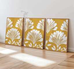 Mustard Yellow Wall Art Set Of 3, Minimalist White Floral Poster Trio, Modern Bold Botanical Prints For Living Room Or Bedroom Decor - thumbnail 1