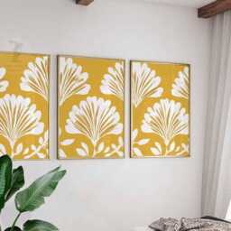 Mustard Yellow Wall Art Set Of 3, Minimalist White Floral Poster Trio, Modern Bold Botanical Prints For Living Room Or Bedroom Decor - thumbnail 3