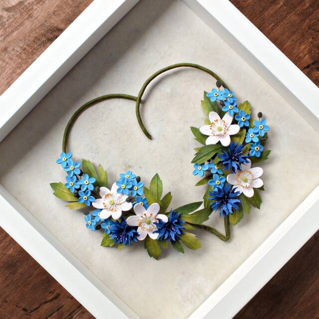 Blue Heart Valentine's Gift - Floral Forget Me Not Flowers Wall Art Paper Anniversary Quilling Love Decor - image 1