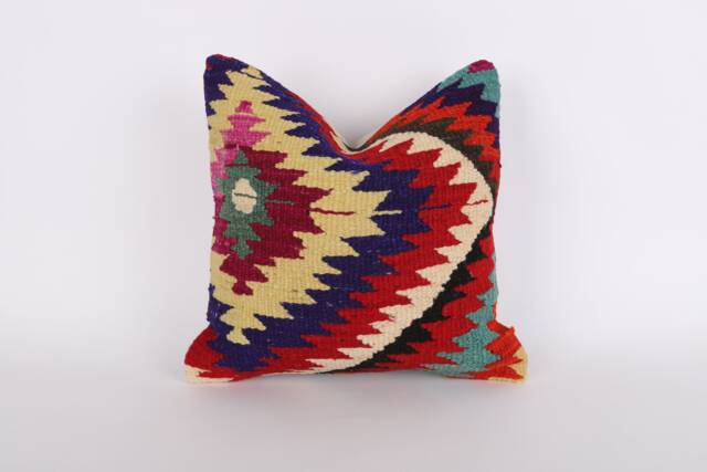 Handwoven Turkish Kilim Pillow Multicolored Wool Throw, 16x16 - image 1