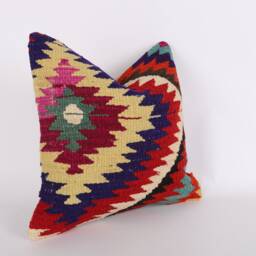 Handwoven Turkish Kilim Pillow Multicolored Wool Throw, 16x16 - thumbnail 3
