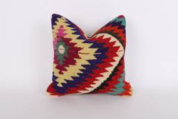 Handwoven Turkish Kilim Pillow Multicolored Wool Throw, 16x16 - thumbnail 1