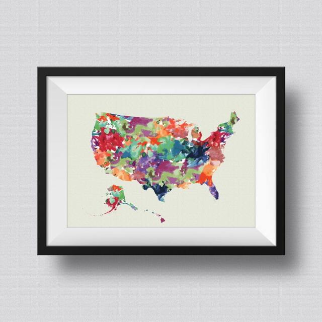 Usa Watercolor Map Art Print United States Of America Ink Splash Poster Canvas