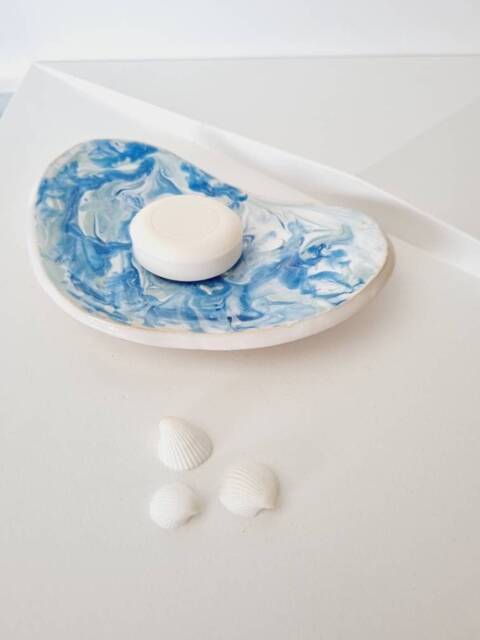 Marbled Soap Dish Handmade, Handpainted Blue Ceramic Tray, Bathroom Decor, Gift - image 1