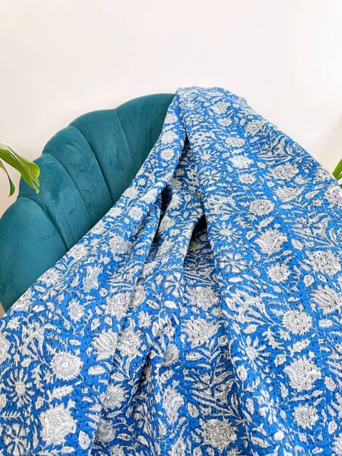 Kantha Stitch Pure Cotton Reversible Bed/Sofa Throw King Size - Handmade Handprinted Floral Dohar Blue Burst White Gardenia - image 1