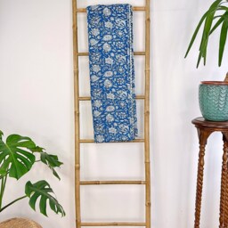 Kantha Stitch Pure Cotton Reversible Bed/Sofa Throw King Size - Handmade Handprinted Floral Dohar Blue Burst White Gardenia - thumbnail 4