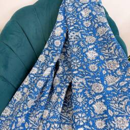 Kantha Stitch Pure Cotton Reversible Bed/Sofa Throw King Size - Handmade Handprinted Floral Dohar Blue Burst White Gardenia - thumbnail 2