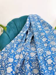 Kantha Stitch Pure Cotton Reversible Bed/Sofa Throw King Size - Handmade Handprinted Floral Dohar Blue Burst White Gardenia - thumbnail 1