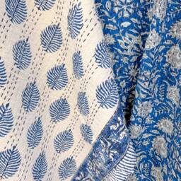Kantha Stitch Pure Cotton Reversible Bed/Sofa Throw King Size - Handmade Handprinted Floral Dohar Blue Burst White Gardenia - thumbnail 3