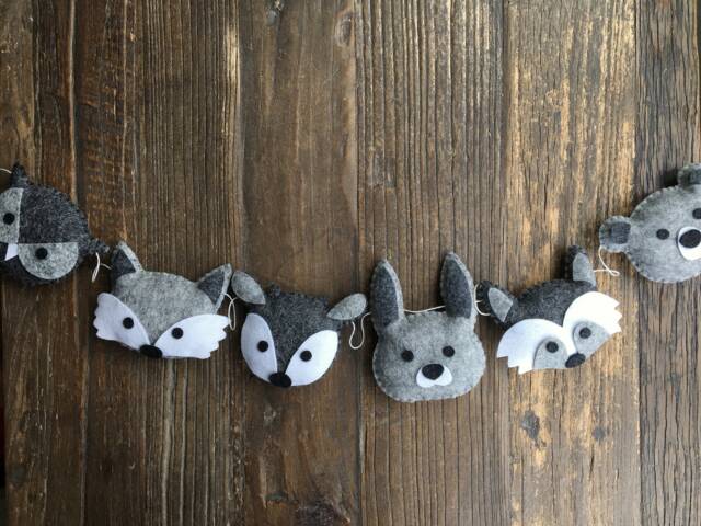 Monochrome Wool Felt Woodland Animal Garland, Nursery Decor - image 1