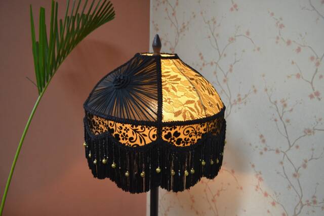 Black & Gold Lace Lampshade, Victorian Style With Rayon Fringe - image 1