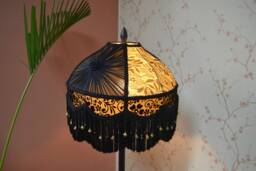 Black & Gold Lace Lampshade, Victorian Style With Rayon Fringe