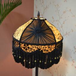 Black & Gold Lace Lampshade, Victorian Style With Rayon Fringe - thumbnail 3