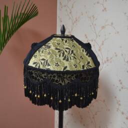 Black & Gold Lace Lampshade, Victorian Style With Rayon Fringe - thumbnail 2