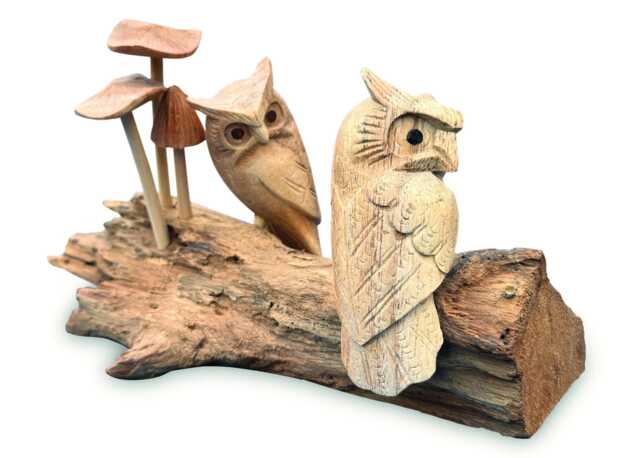 Twin Hand-Carved Owls Sitting in Tiny Mushroom Garden - image 1