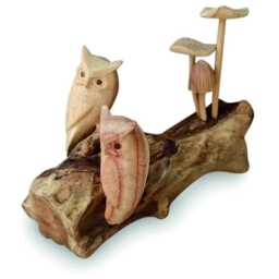 Twin Hand-Carved Owls Sitting in Tiny Mushroom Garden - thumbnail 3