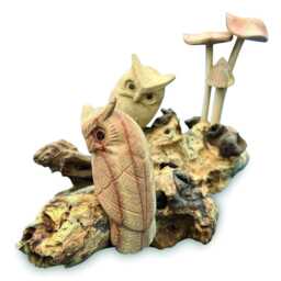 Twin Hand-Carved Owls Sitting in Tiny Mushroom Garden - thumbnail 4