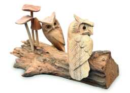 Twin Hand-Carved Owls Sitting in Tiny Mushroom Garden