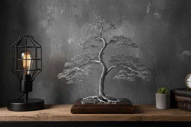 Large Wire Bonsai Tree Engraved Metal Tree Of Life, Zen Decor - image 1