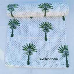 Green Palm Tree Kantha Quilt, Bedcover, Indian Bedspread, Throw Blanket, Tree Coverlet - thumbnail 3