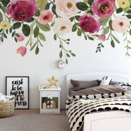 Jessica's Farmhouse Floral Wall Decal Peonies Roses Mural Watercolor Flowers Blossoms Made in Vinyl & Fabric - thumbnail 3