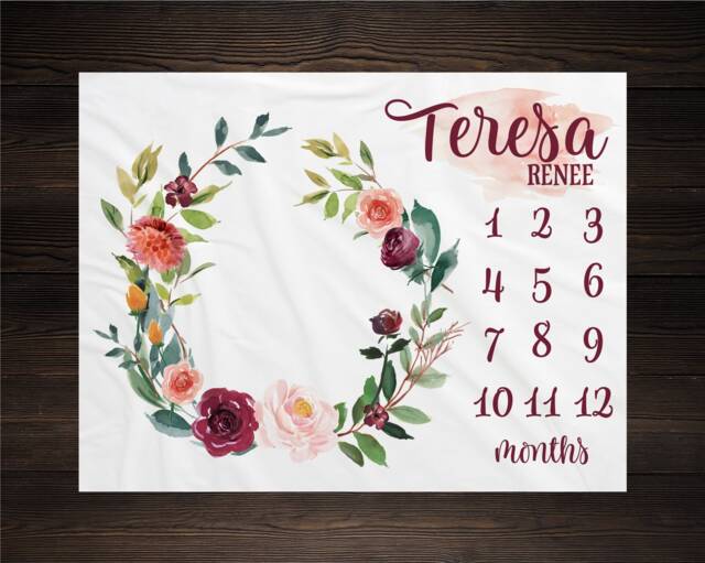 Girl Milestone Blanket Personalized Monthly Growth Tracker Custom Baby Shower Gift For New Mom Watercolor Floral Wreath Newborn Nursery - image 1
