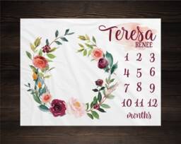 Girl Milestone Blanket Personalized Monthly Growth Tracker Custom Baby Shower Gift For New Mom Watercolor Floral Wreath Newborn Nursery - thumbnail 1