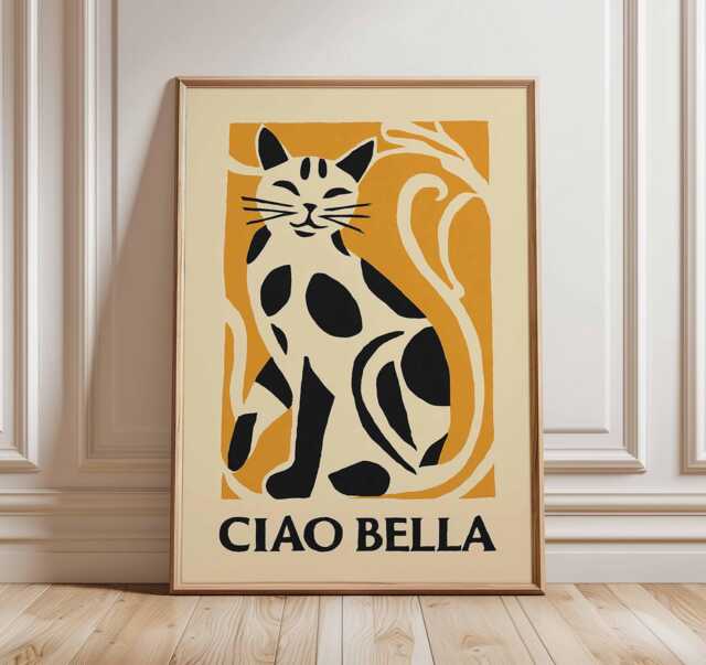Ciao Bella Cat Poster, Italian Style Wall Art, Black & White Print, Retro Animal Illustration, Bold Graphic Home Decor - image 1